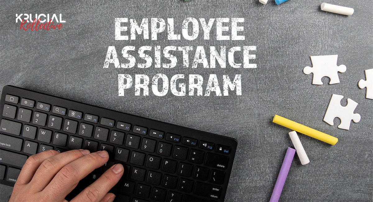 Graphic including a hand on a keyboard with "Employee Assistance Program" included as text